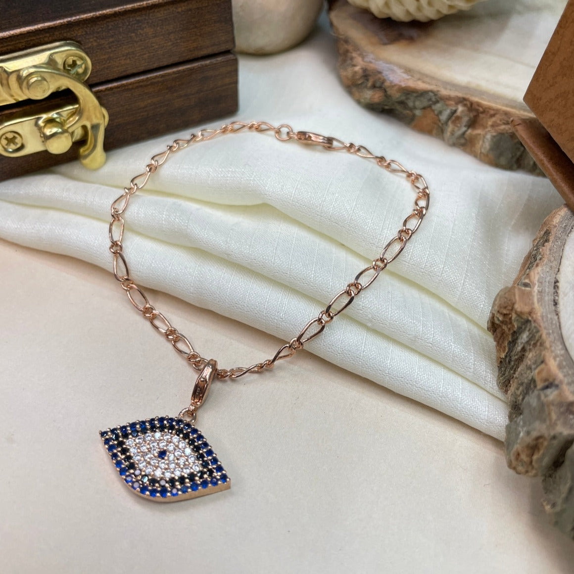 High Quality Rose Gold Evil Eye Charm Hand Bracelet