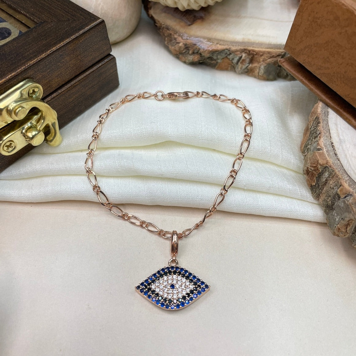 High Quality Rose Gold Evil Eye Charm Hand Bracelet