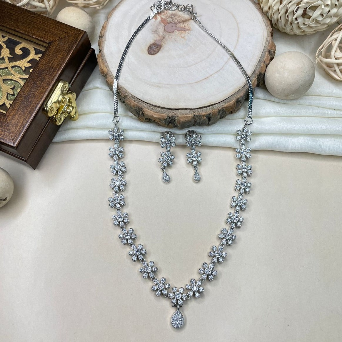 Floral Silver Diamond Choker Necklace