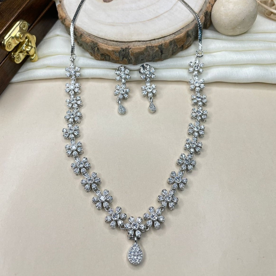 Floral Silver Diamond Choker Necklace
