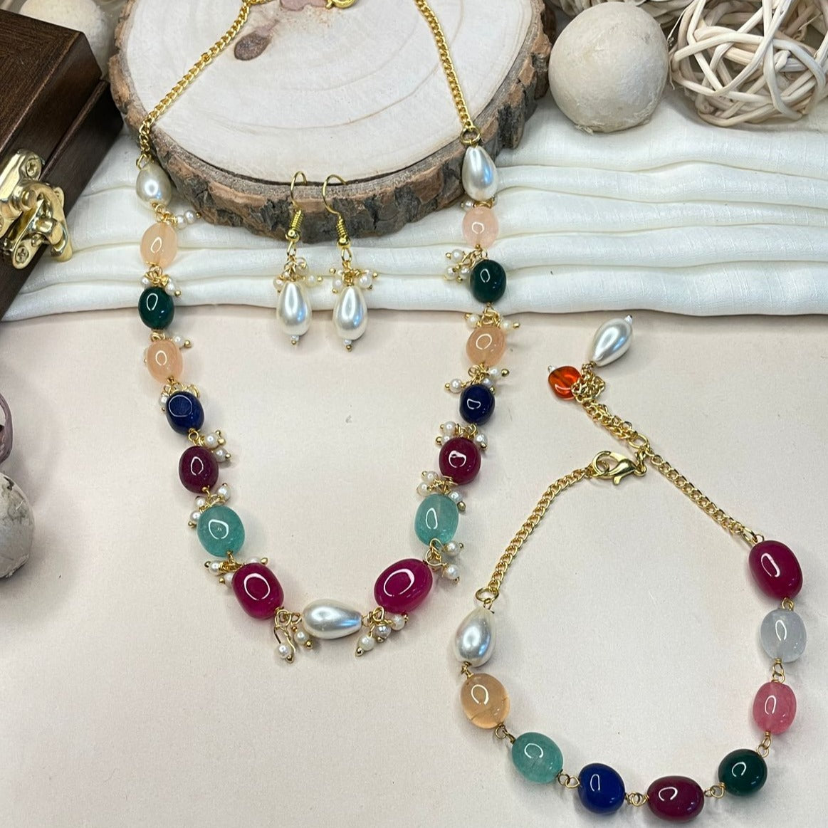 Multicolour Beads Necklace,Bracelet & Earrings Combo - Abdesignsjewellery