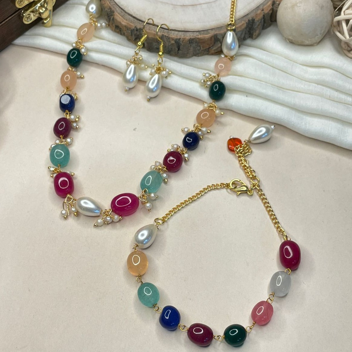 Multicolour Beads Necklace,Bracelet & Earrings Combo - Abdesignsjewellery
