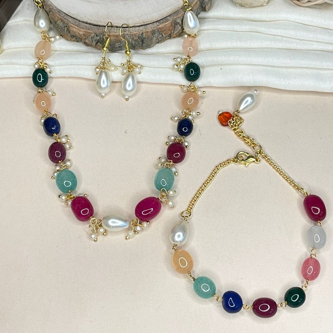 Multicolour Beads Necklace,Bracelet & Earrings Combo - Abdesignsjewellery