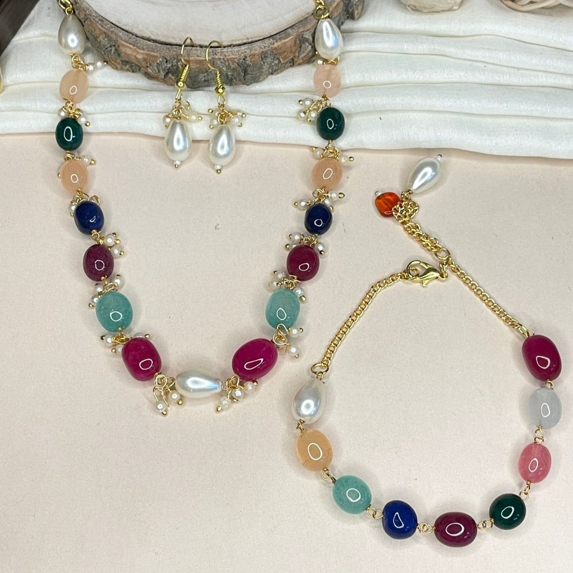 Multicolour Beads Necklace,Bracelet & Earrings Combo