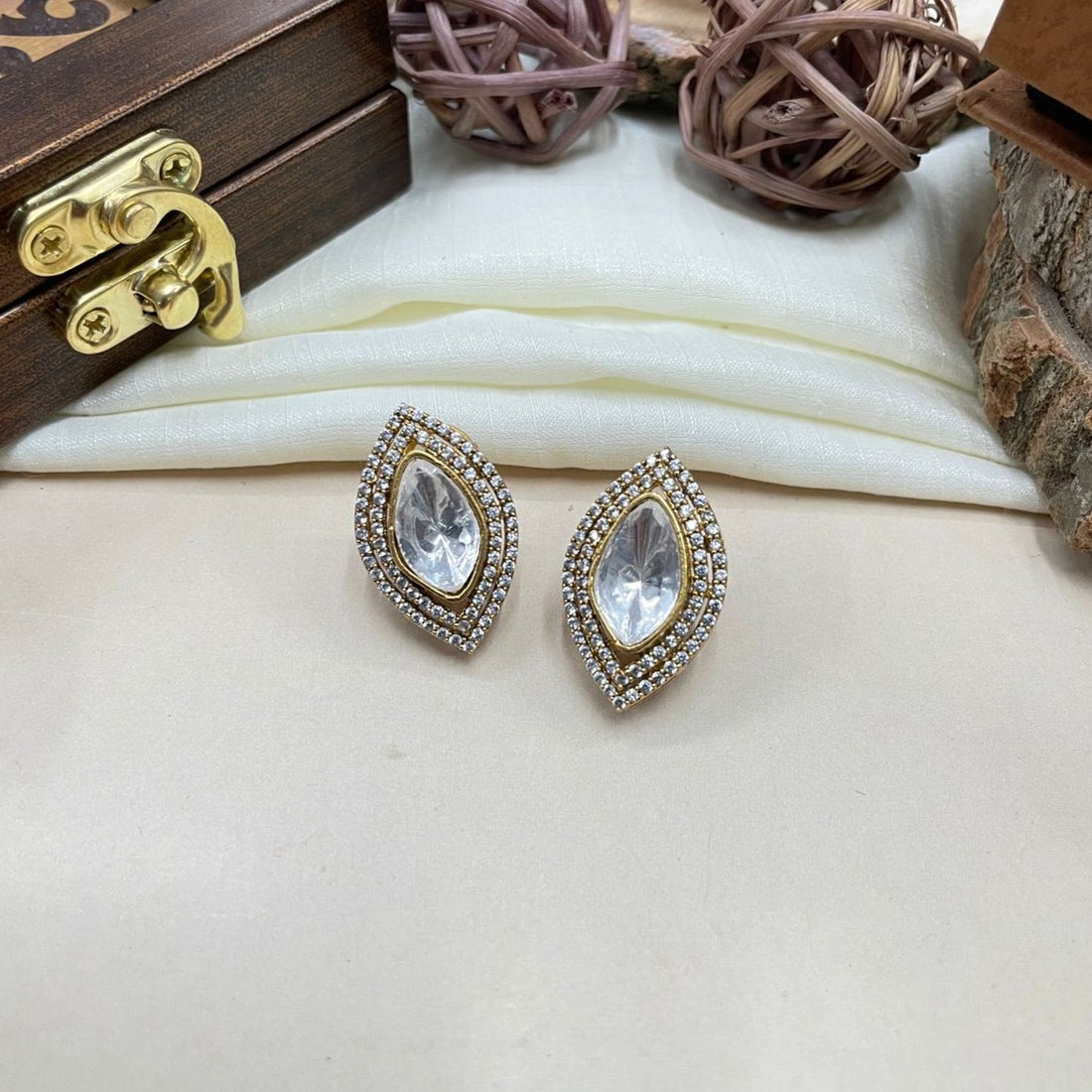 Marquise Matt Gold Glass Kundan Polki Studs