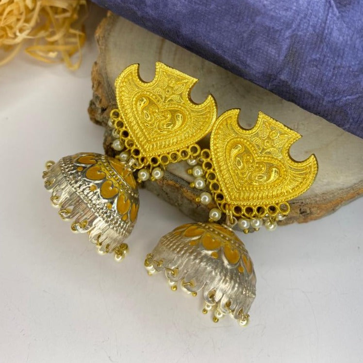 Abdesigns Gold-Silver Jhumka Earrings ornate gold filigree tops with silver domed jhumkas and pearl bead dangles