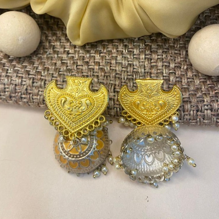Abdesigns Gold-Silver Jhumka Earrings ornate dual-tone jhumka with gold engraved tops silver domes and pearl bead accents