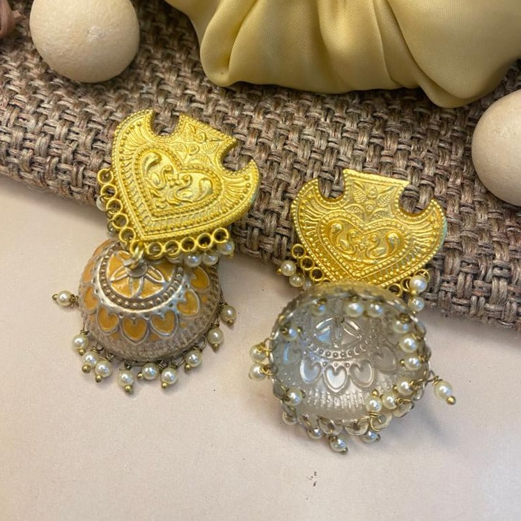 Abdesigns Gold-Silver Jhumka Earrings . Gold engraved tops with silver domes and pearl fringe for ethnic bridal wear