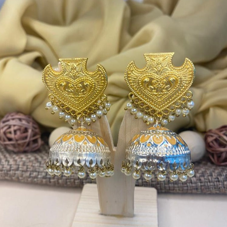 Abdesigns Gold-Silver Jhumka Earrings . Heart-shaped gold tops with silver jhumka bells and pearl beads