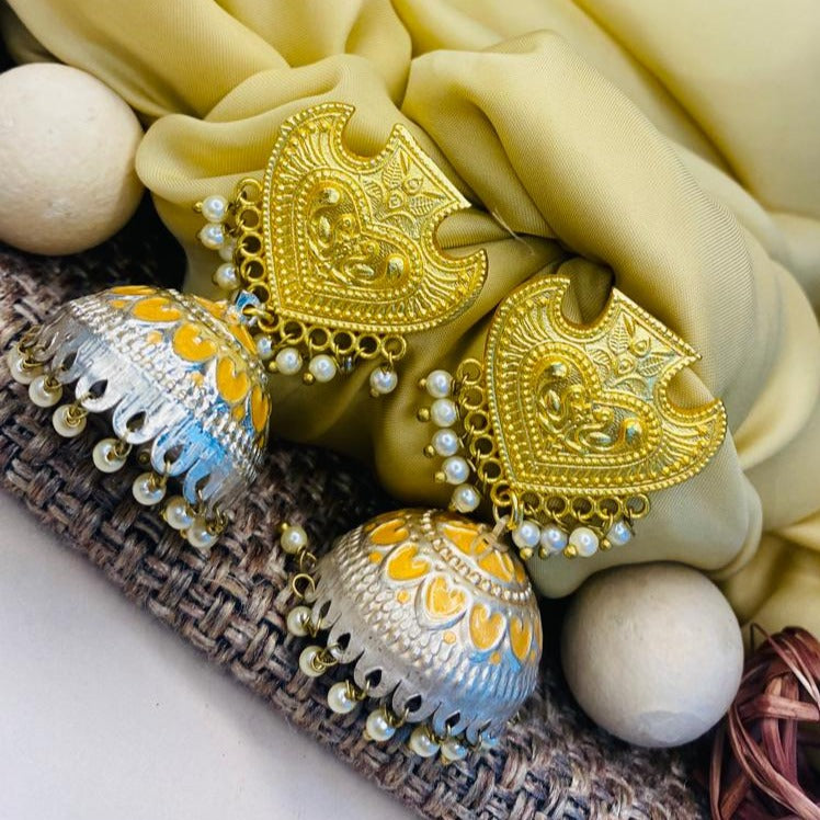 Abdesigns Gold-Silver Jhumka Earrings gold embossed heart tops with yellow enamel silver jhumkas and pearl beads