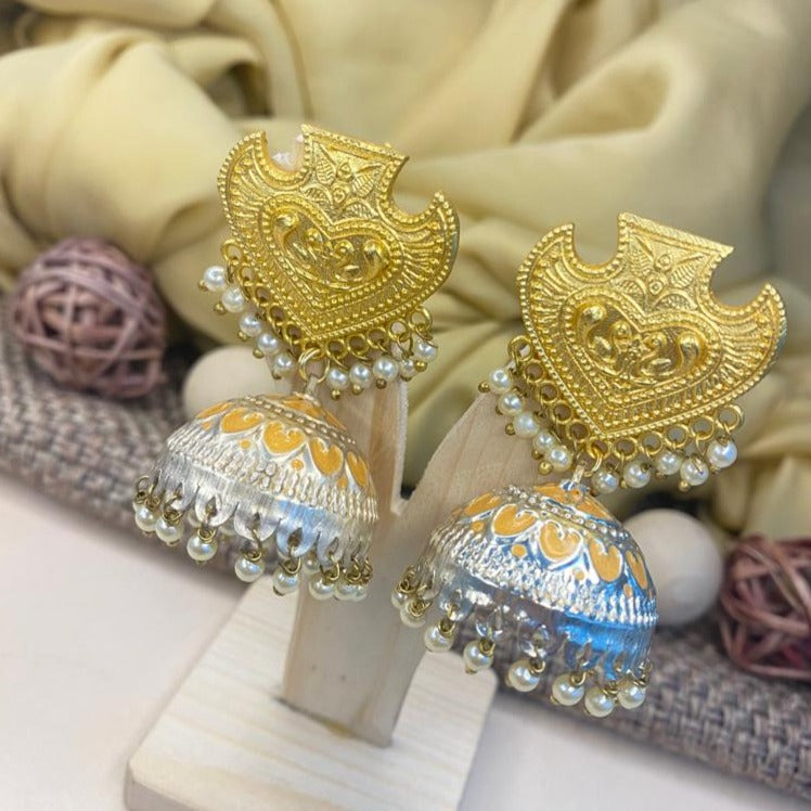 Abdesigns Gold-Silver Jhumka Earrings ornate gold filigree tops with tiny pearls and painted silver jhumka domes