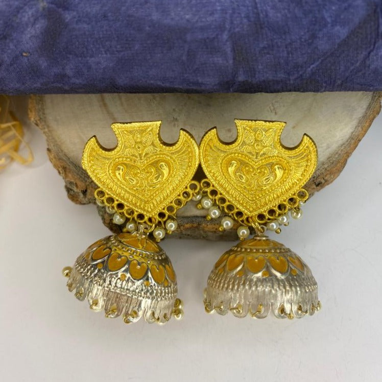 Abdesigns Gold-Silver Jhumka Earrings . Gold filigree heart tops with silver jhumka bells and pearl accents