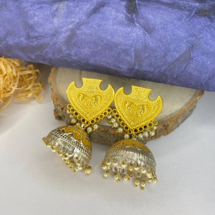 Abdesigns Gold-Silver Jhumka Earrings ornate gold heart tops with silver bell jhumkas and pearl fringe