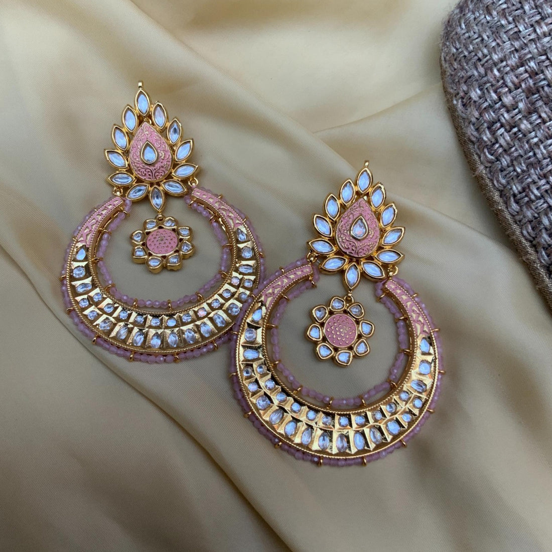 Abdesignsjewellery pink and gold artificial chandbali for bridal with kundan stones and floral motifs