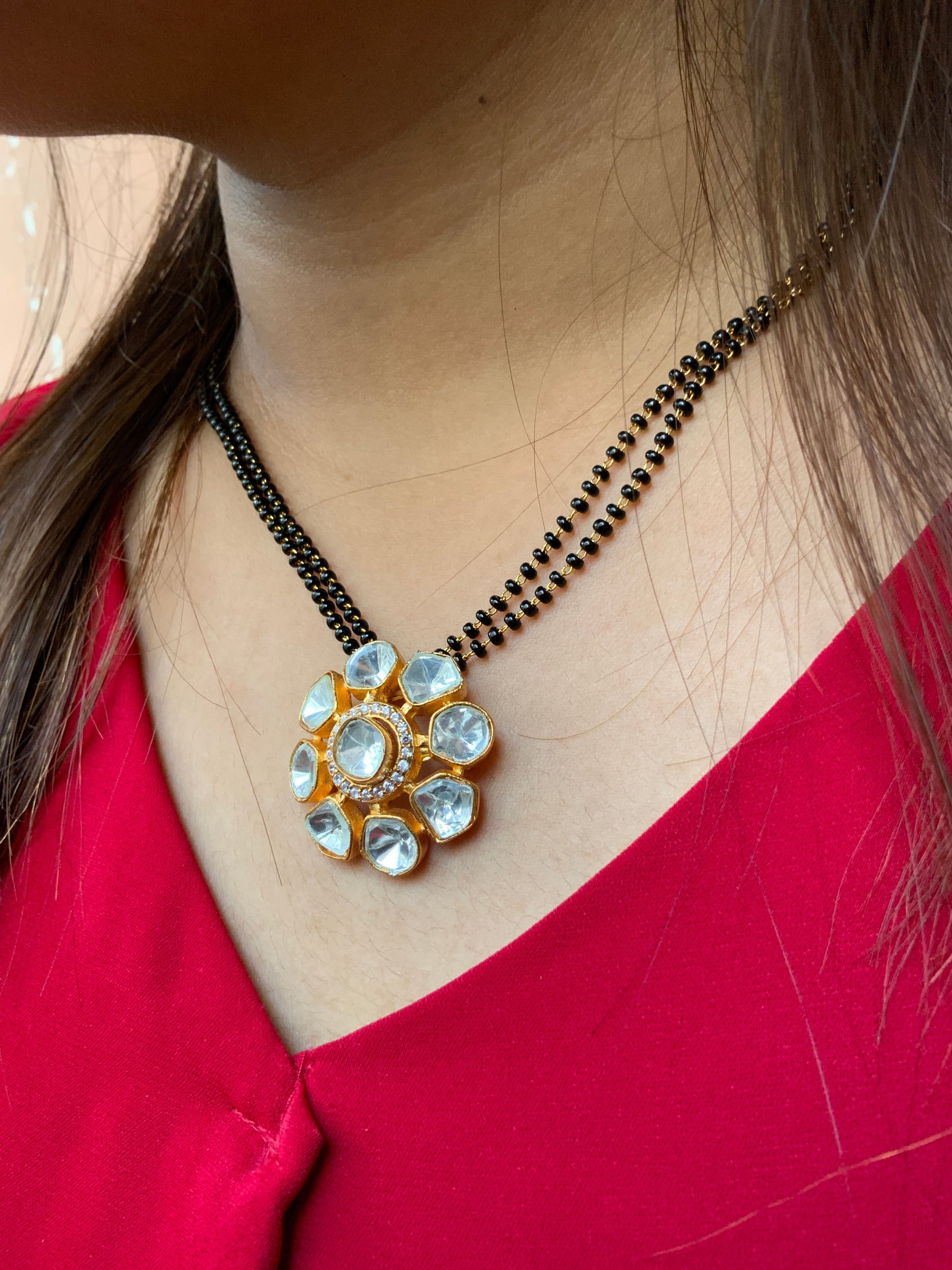 Classic Polki Flower Design Mangalsutra & Earrings - Abdesignsjewellery