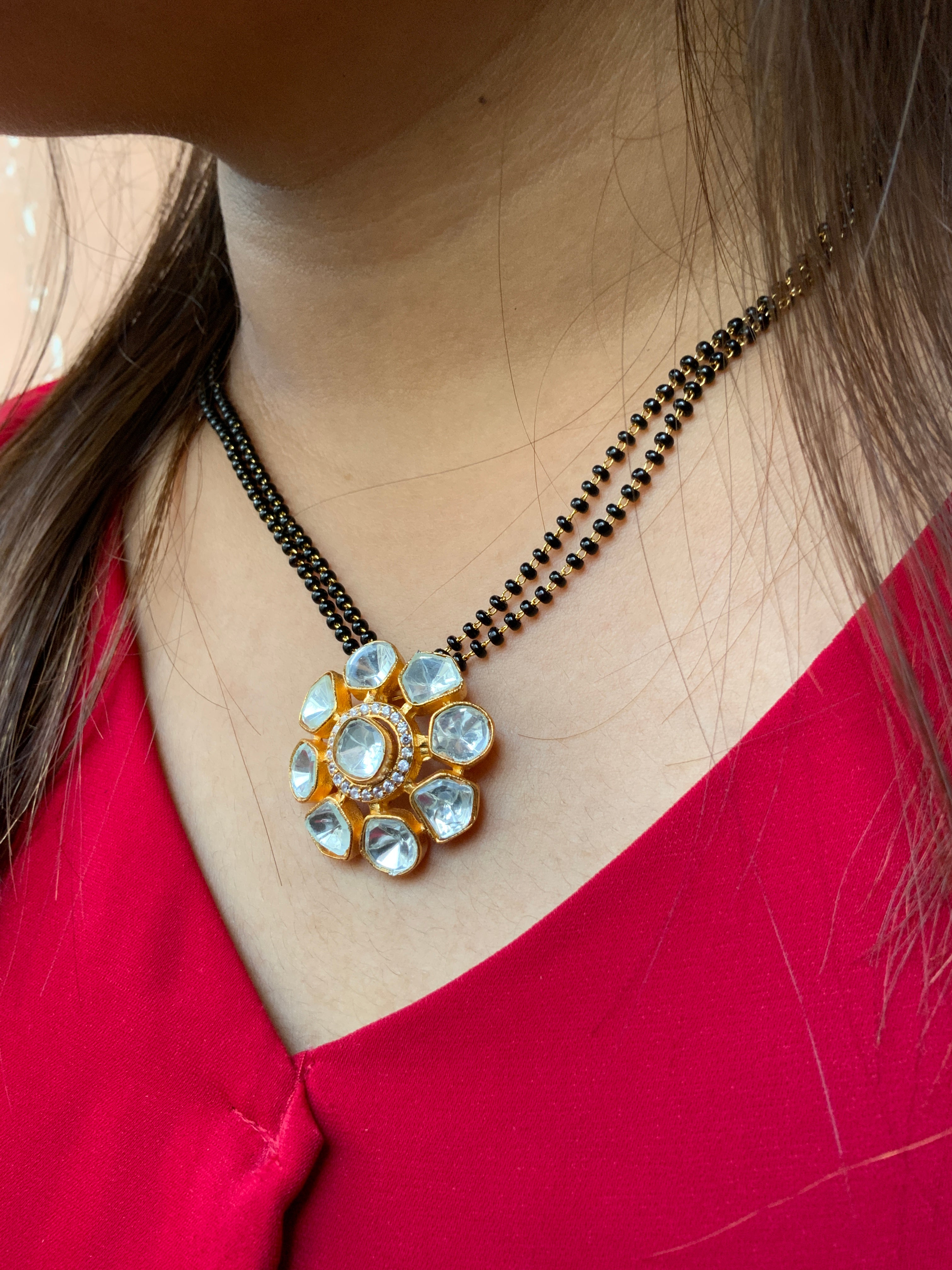 Classic Polki Flower Design Mangalsutra & Earrings - Abdesignsjewellery