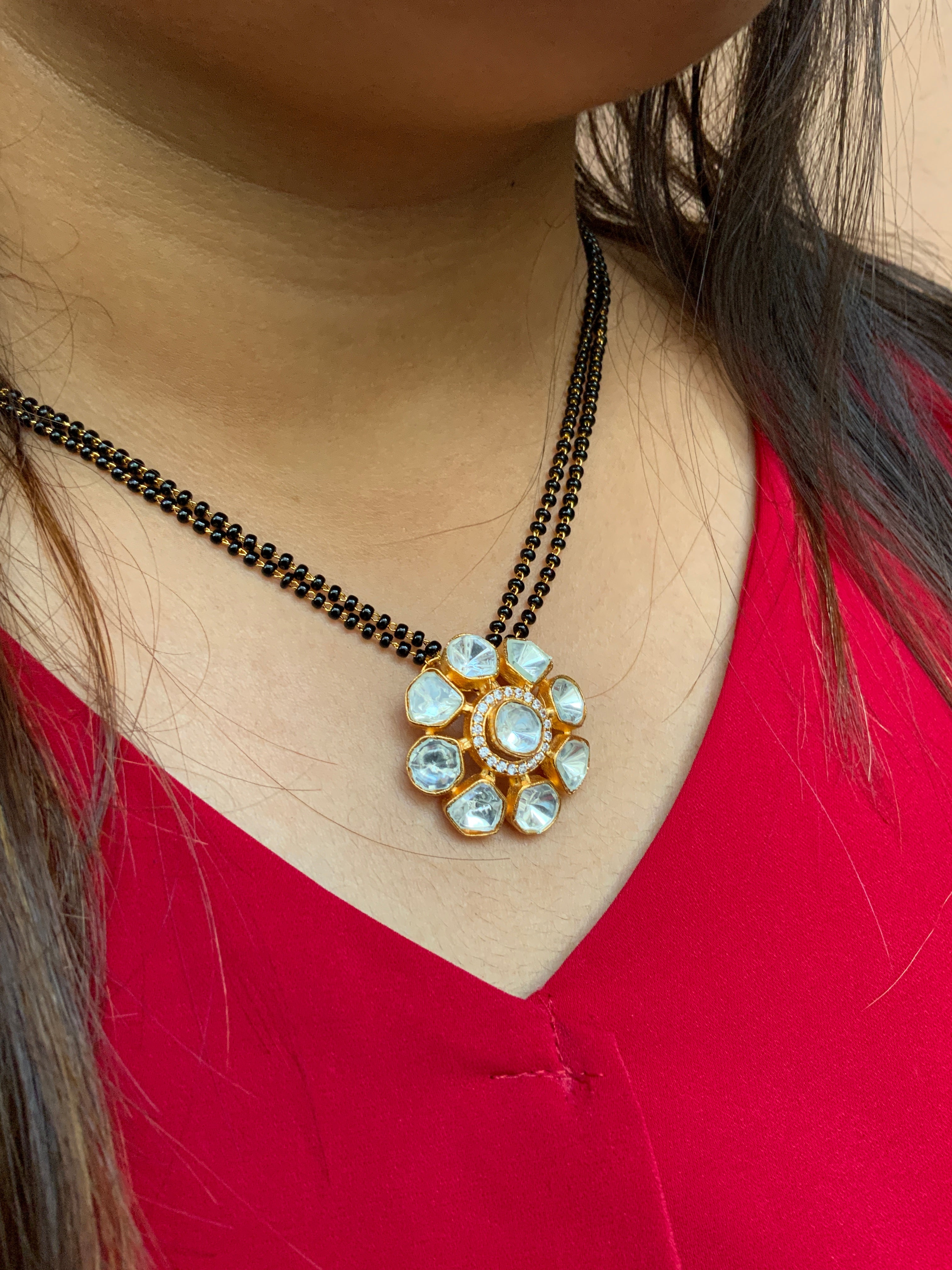 Classic Polki Flower Design Mangalsutra & Earrings - Abdesignsjewellery