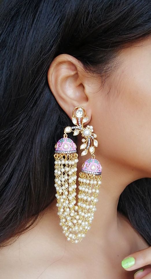 Pink MeenaKari Pearl Drop Earrings