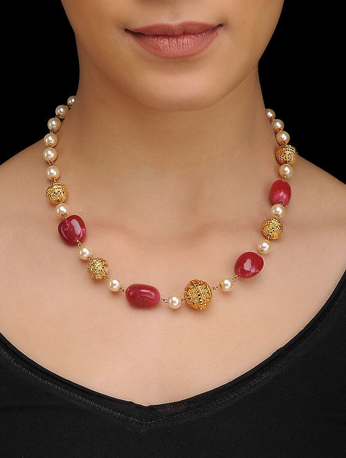 Red Emerald Stone Pearl Mala - Abdesignsjewellery
