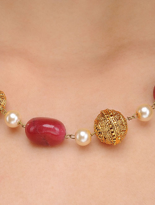 Red Emerald Stone Pearl Mala - Abdesignsjewellery